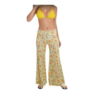 Rip Curl Viscose Wide Leg Yellow Floral Boho Beachy Gauze Pants Size Large